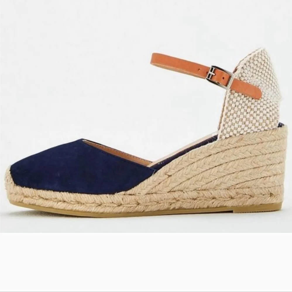 Paseart Navy Blue Suede Closed Toe Espadrille Wedge Shoes - 38/7.5